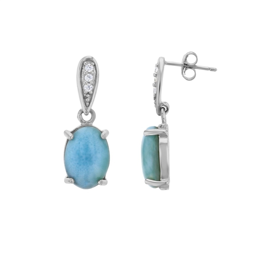 925 Sterling Silver Larimar Oval Shape CZ Post Back Dangle Drop Earrings